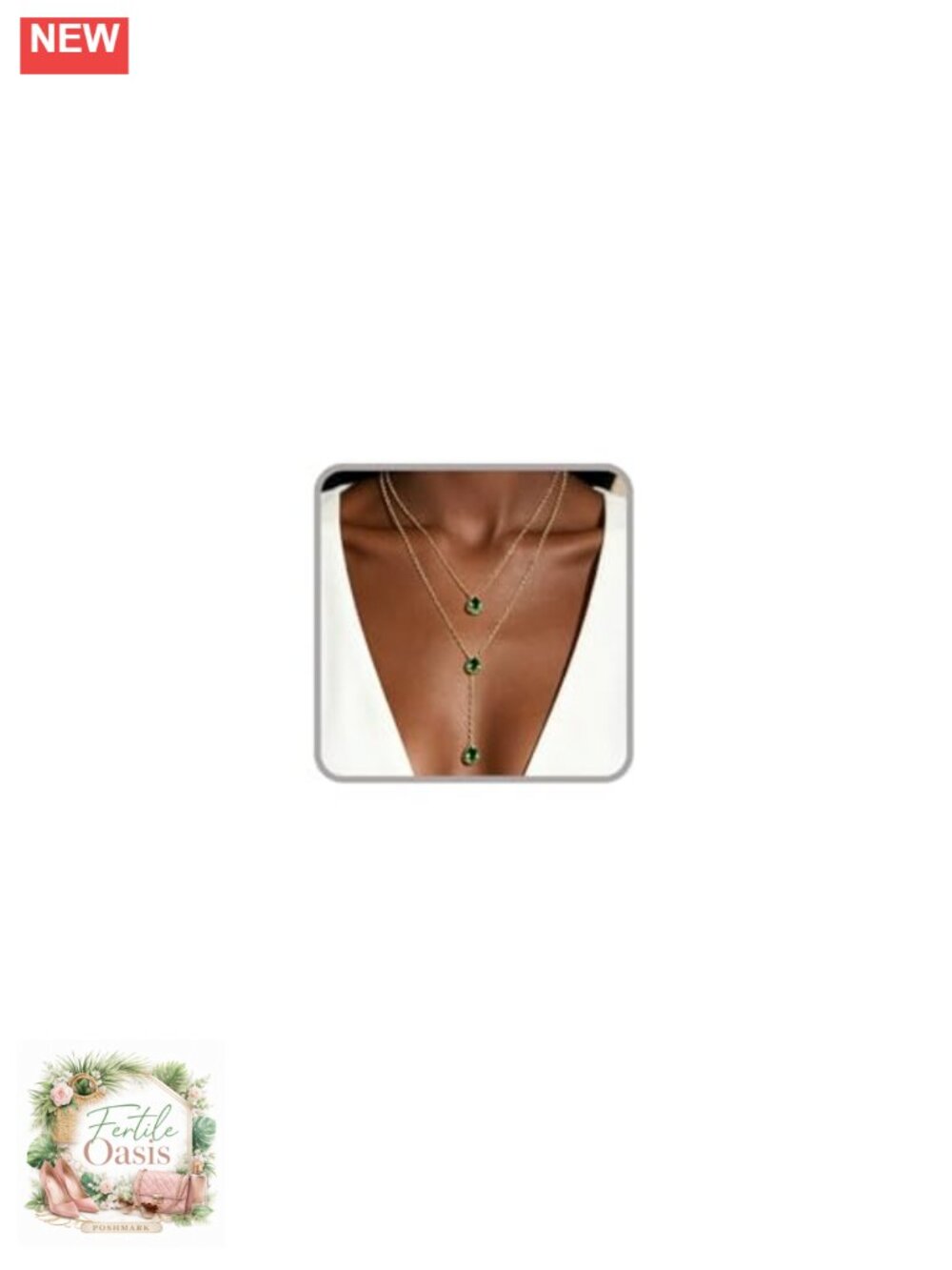 14k Gold Plated Y Necklace Lariat with Green Crystal Dainty Drop Layered